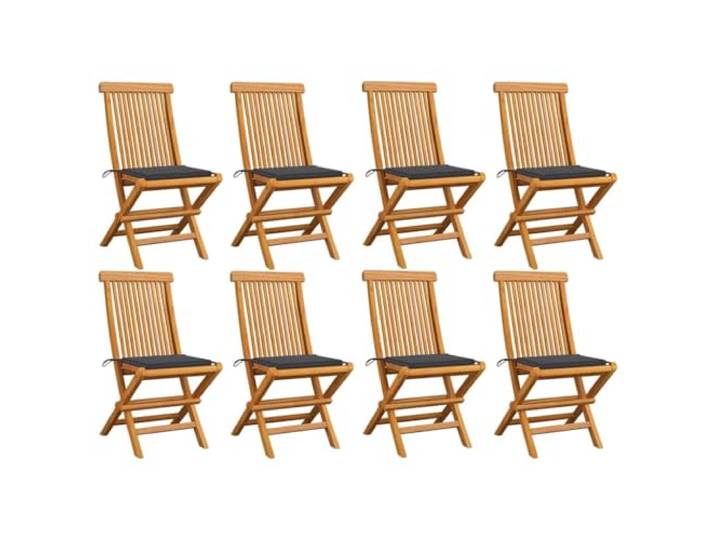 8er Set Klappstühle aus Massivholz Teakholz mit anthrazitfarbenen Kissen Wetterbeständiges Teakholz, glatte Oberfläche, leichte Reinigung, platzsparend klappbar, Auflagen inklusive