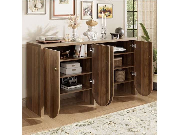 meuble rangement buffet 147x40x80 cm 4 portes en MDF aspect noyer EVRYAE