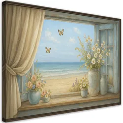 LEINWANDBILD Fensterblick auf Shabby Chic Strand 120x80cm