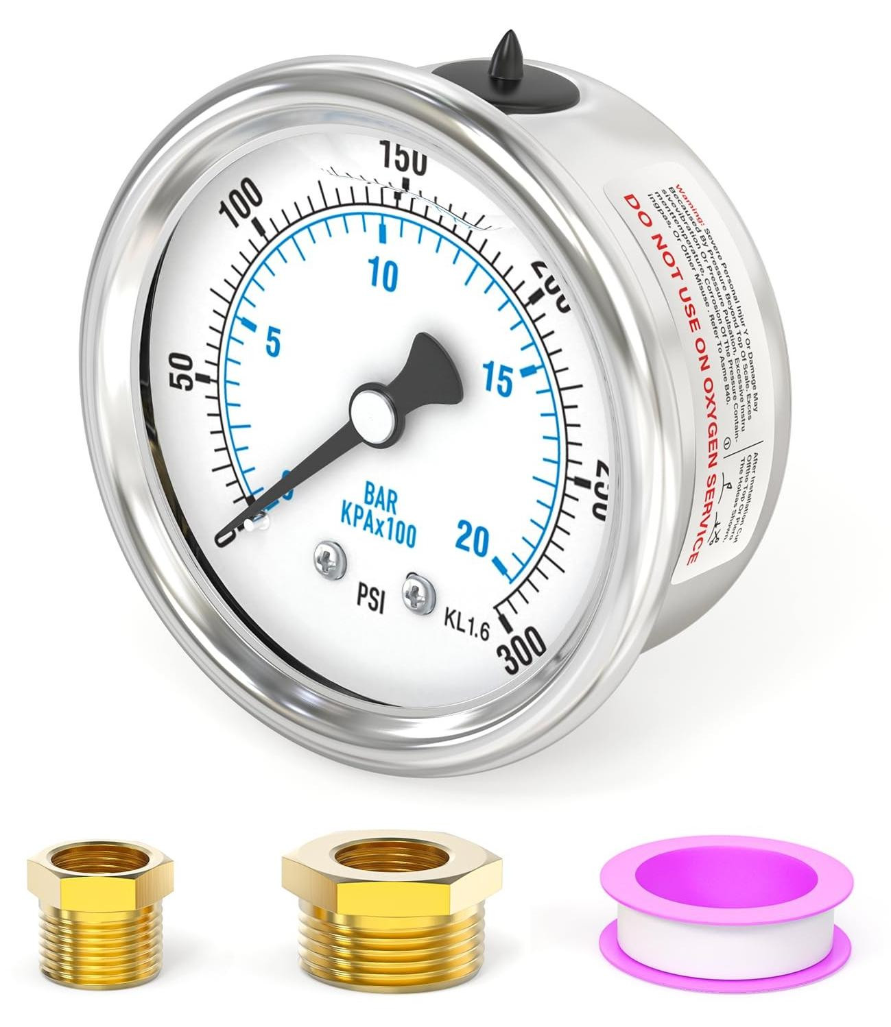 Merkloze vloeistofgevulde RVS manometer 0-20 bar met hexagonale bushing