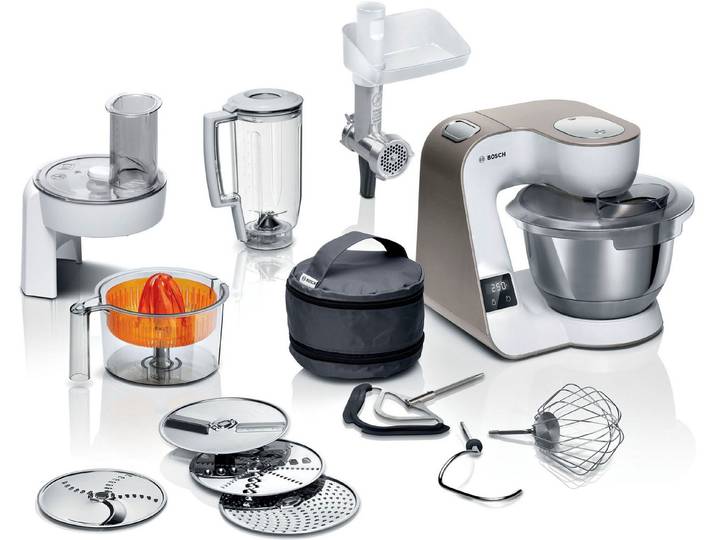 BOSCH Küchenmaschine Serie 4 MUM5XW40, integr. Waage, Durchlaufschnitzler, weiß/champagner, 1000 W, 3,9 l Schüssel, 4 Scheiben, Mixer, Fleischwolf, Zitruspresse, Profi Patisserie-Set