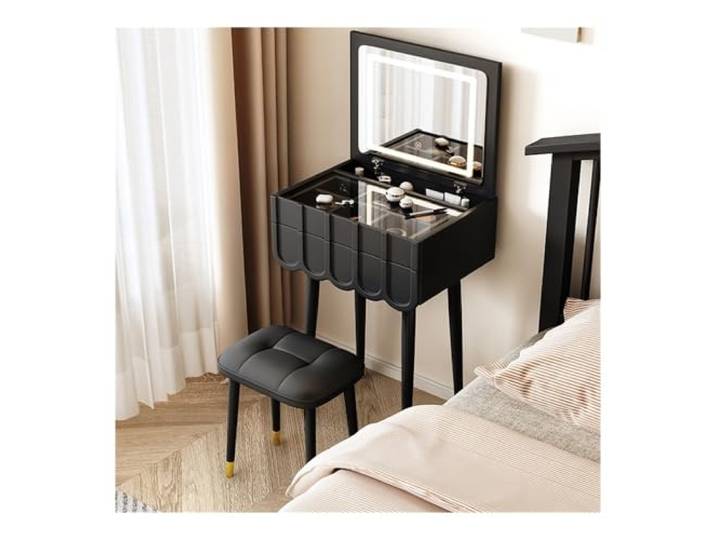 zhangrui1888 Schminktisch Schminktisch-Set mit hochklappbarem Spiegelhocker Schlafzimmer-Make-up-Waschtisch ﻿(Schwarz)