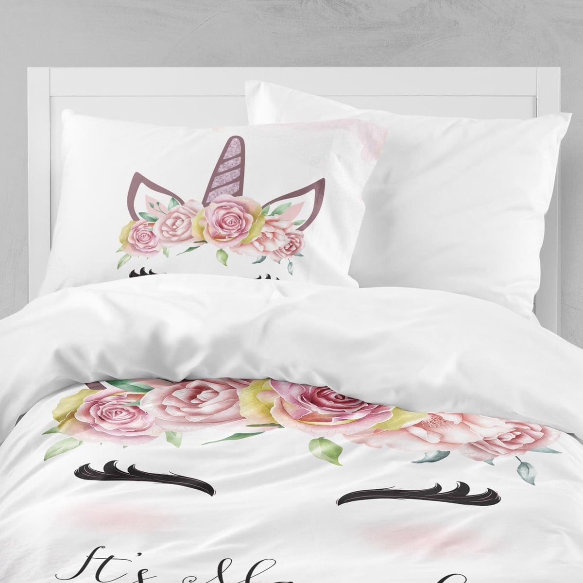 Microfiber dekbedovertrek eenpersoons met rits - Roze unicorn 3D print - 140 x 200 cm