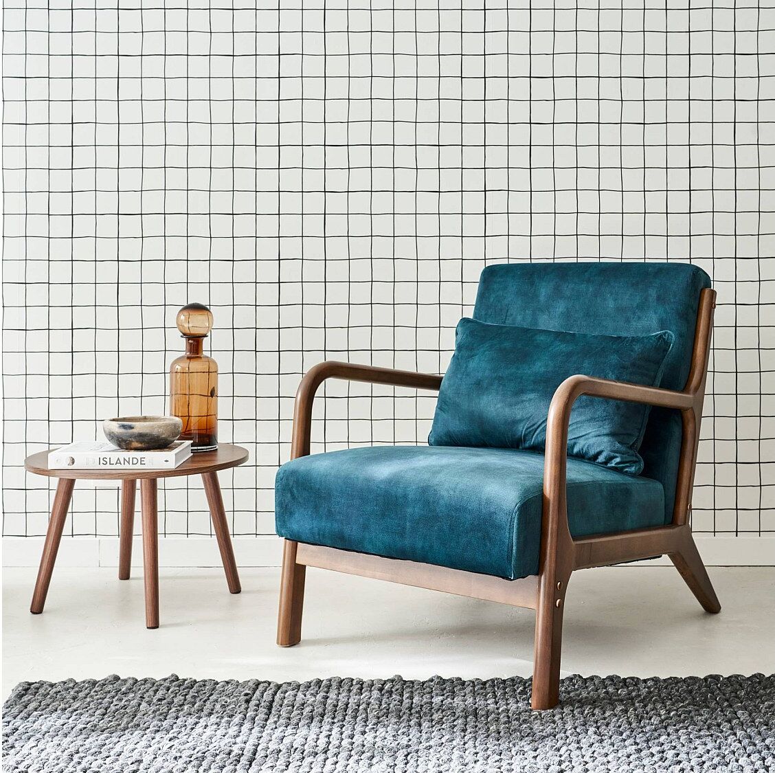Sweeek Sillón escandinavo de terciopelo y madera de hevea azul