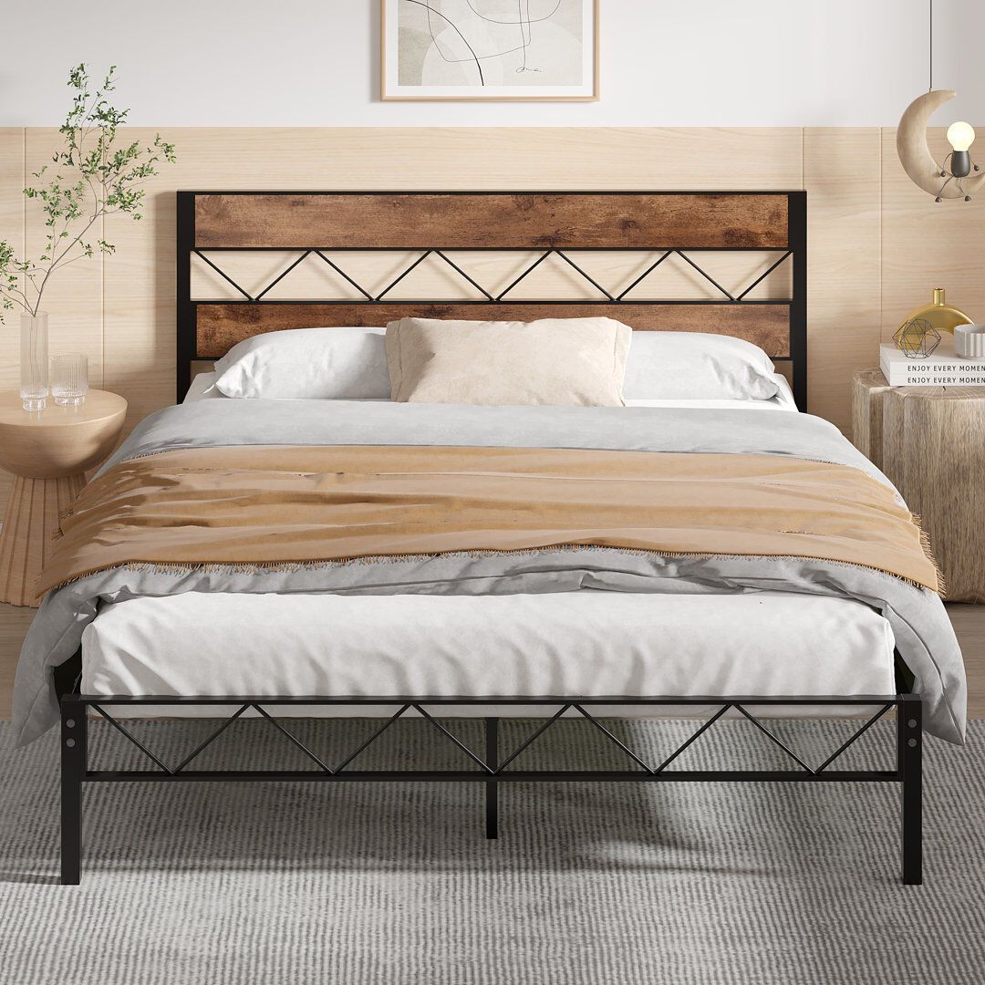 Borough Wharf Single/Double Size Metal Beds, Platform Bed Frame with Rustic Vintage Wooden Headboard, Heavy Duty Steel Slats Support, No Box Spring Needed, Easy Ass Brown/Black Double (4'6)