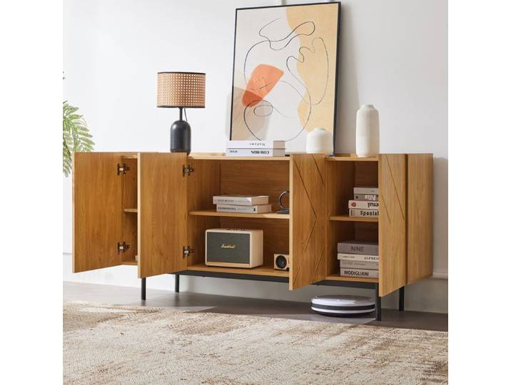 ELVMI Buffet Contemporain en Bois Naturel avec 4 Portes et Incrustations Métalliques - 160x40x78 cm Naturel