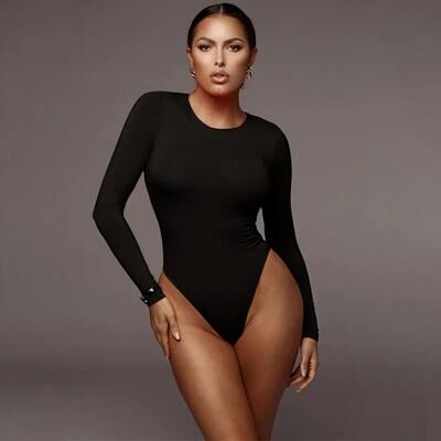 Uplift Picks Womens Long Sleeve Bodysuit O Neck Solid Color Bodysuit Top black m