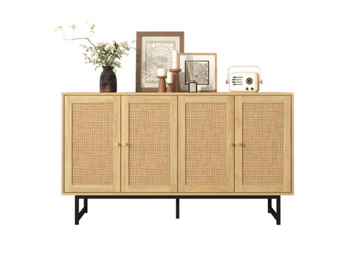 XDeer Kommode Kommode,Sideboard mit echtem Rattangeflecht, Küchenschrank mit 4 Türen 140x39,5x80cm