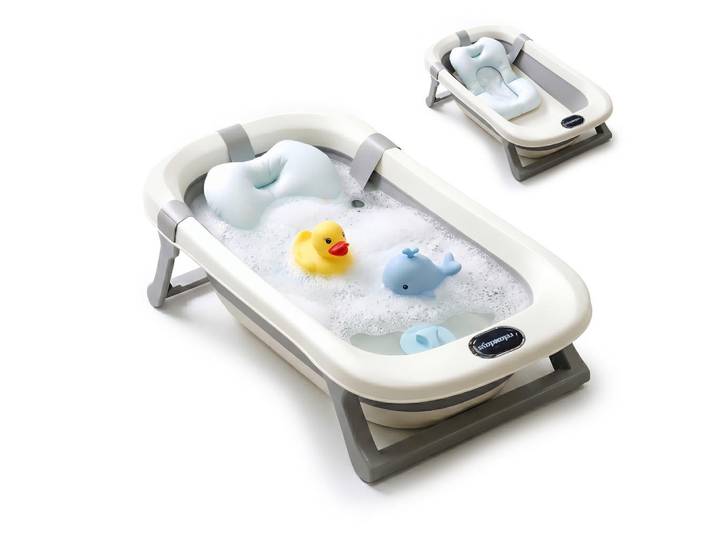 Relaxdays Babybadewanne Cremeweiß Grau faltbar mit Kissen, Mehrfarbig, Kunststoff, 78x20x50 cm, Baby on Tour, Kinderwagen, Kinderwagenzubehör, Sonstiges Kinderwagenzubehör
