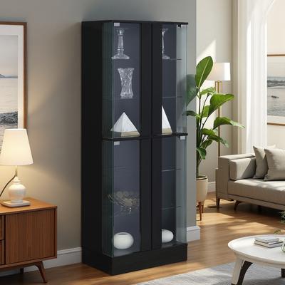 ZWYO HOSIMU "64"" LED-Lit 4-Door Glass Curio Cabinet with 6 Display Tiers, Black High Gloss Finish, Tempered Glass Panels & Contemporary Home"