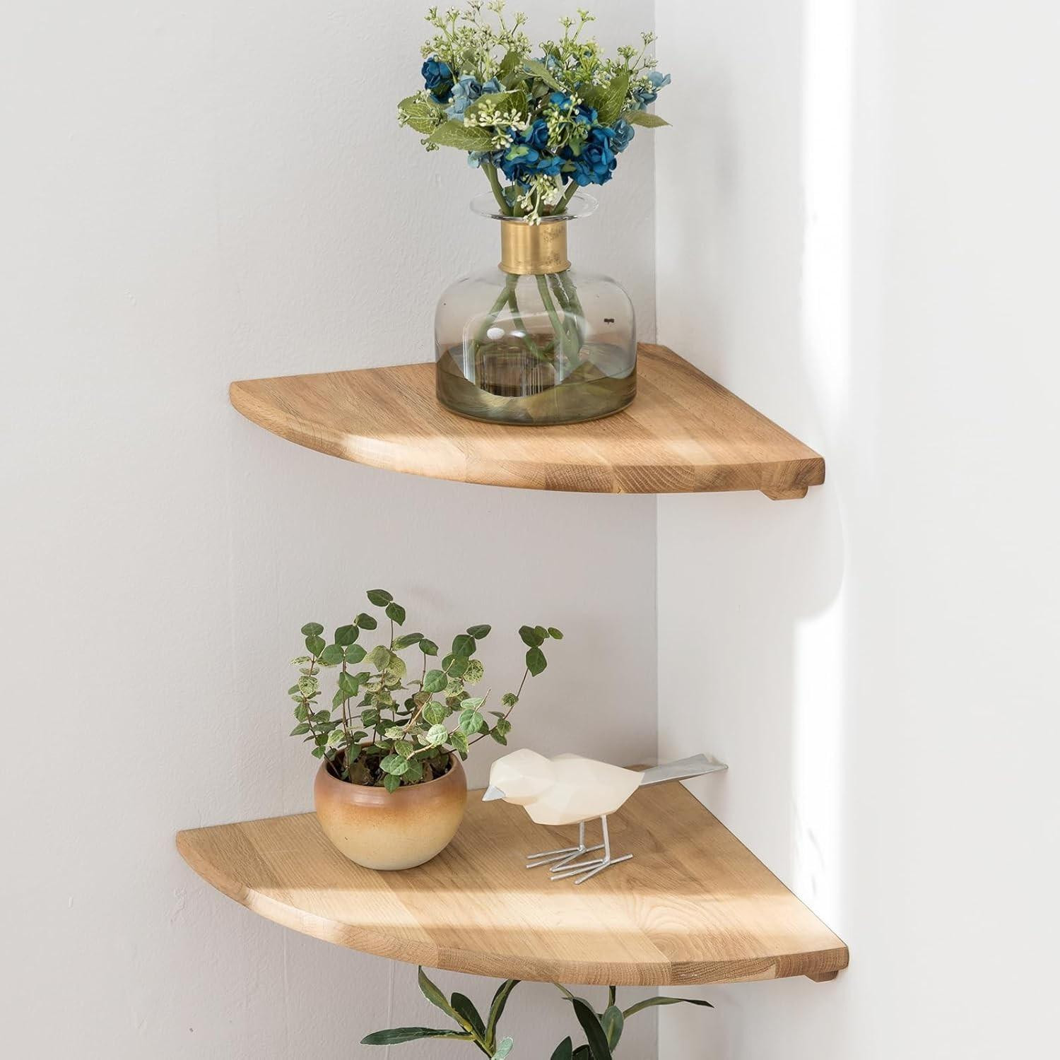 Set van 2 hoekwandplanken van massief eikenhout voor wandmontage