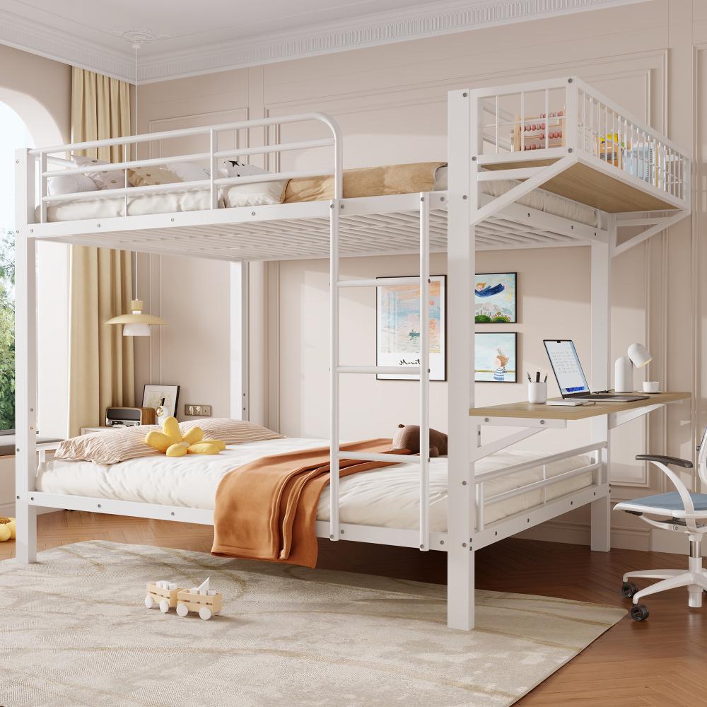 Etagenbett mit Schreibtisch, Metall-Etagenbett, Ohne Matratze, mit Staufach, Kinderetagenbett mit Leiter, mit Arbeitsplatz, 140x200cm, Weiß