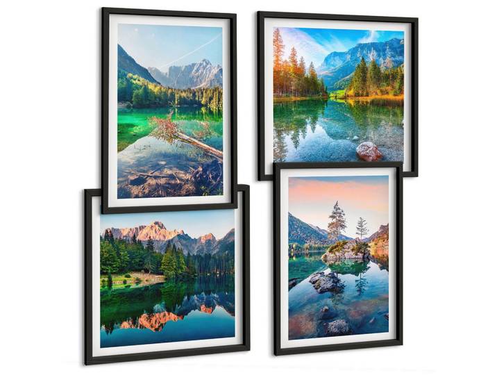 BILDER SET 4er Set - 50x50 cm & 40x60 cm Schwarzer Rahmen - Naturlandschaft der Bergseen