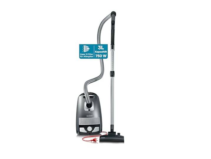 Severin Bodenstaubsauger mit Beutel S'POWER, leistungsstarker & leiser Staubsauger mit 360° Rollen, HEPA 13 Filter, Zubehör für Parkett & Teppich, 3L, 750W, Schwarz-Grau, BC 7045