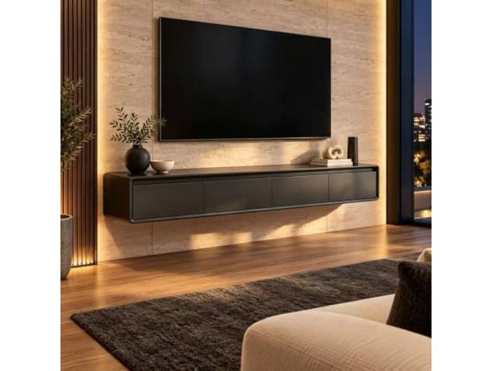 Bhpnak Hängender TV-Schrank aus Holz, Lowboard-TV-Schrank，Schwarz：240×24 Massivholz – lässt sich mit einem Wisch reinigen – mit LED-Beleuchtung