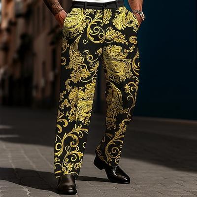 Herren Paisley-Muster Blumendruck Ethnisch Anzughose Hose Mittlere Taille Vintage-Retro Lässig Ferien Relaxed Fit Anzughose mit flacher Vorderseite und Seitentaschen Frühling Herbst 3D-Druck Schwarz