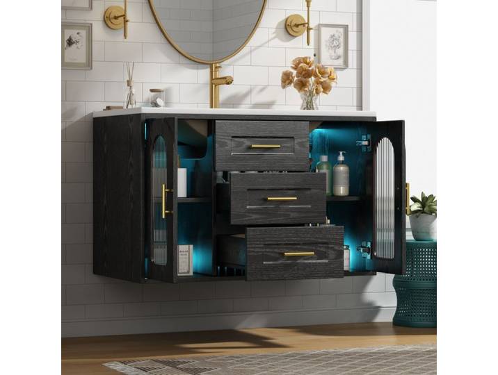 Armoire de salle de bains murale avec lavabo Masque en bois noir Porte en verre cintrée Éclairage LED Noir
