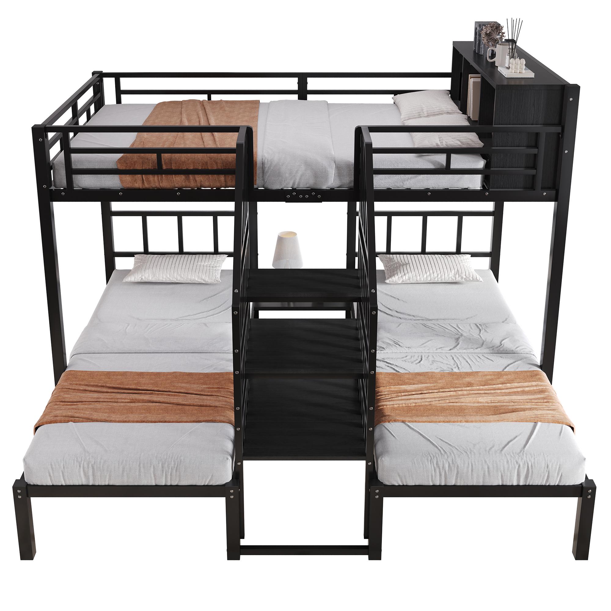 Etagenbett mit 3 Schlafgelegenheiten, 90x200cm/140x200cm, Metallbett mit Rausfallschutz, Treppe und Stauraum