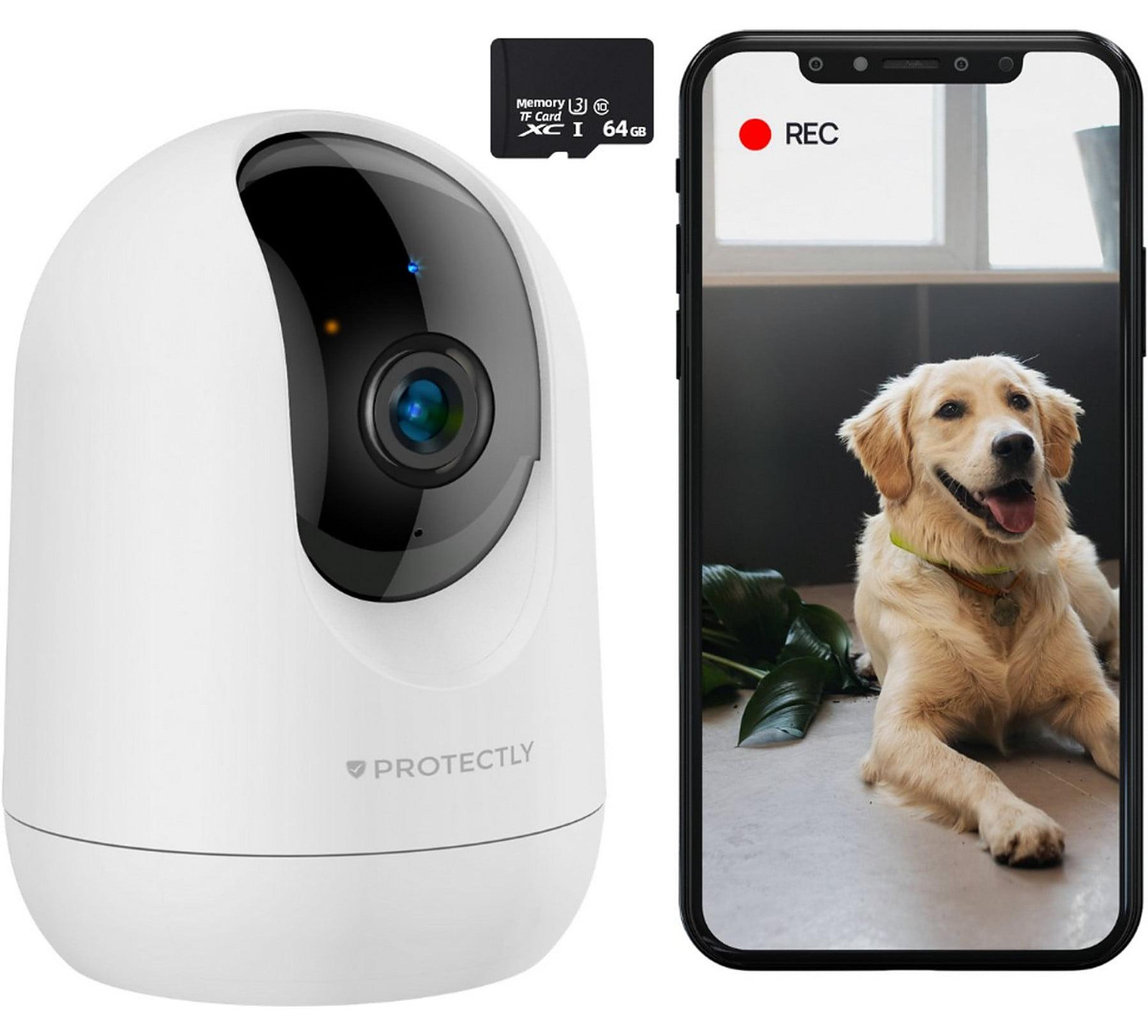 Protectly Beveiligingscamera Binnen - Petcam met App - 2K 3MP Ultra HD - Bewegings- en geluidsdetectie - Wit