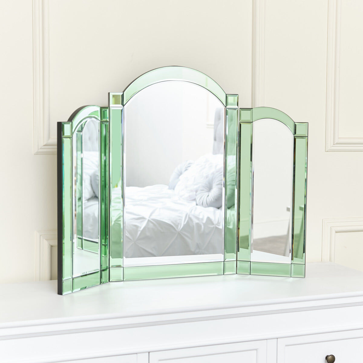Green Glass Art Deco Triple Mirror 74cm x 60cm Glass, Metal, Wood
