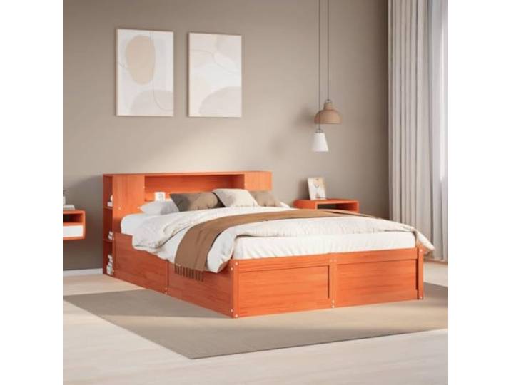 Massives Kiefernholz Stabil Platzsparend Natürliche Optik 140x190 cm Braun Massivholzbett ohne Matratze Wachsbraun 140x190 cm Kiefernholz Bettgestell mit Stauraum Kopfteil 7 Fächer Stabil