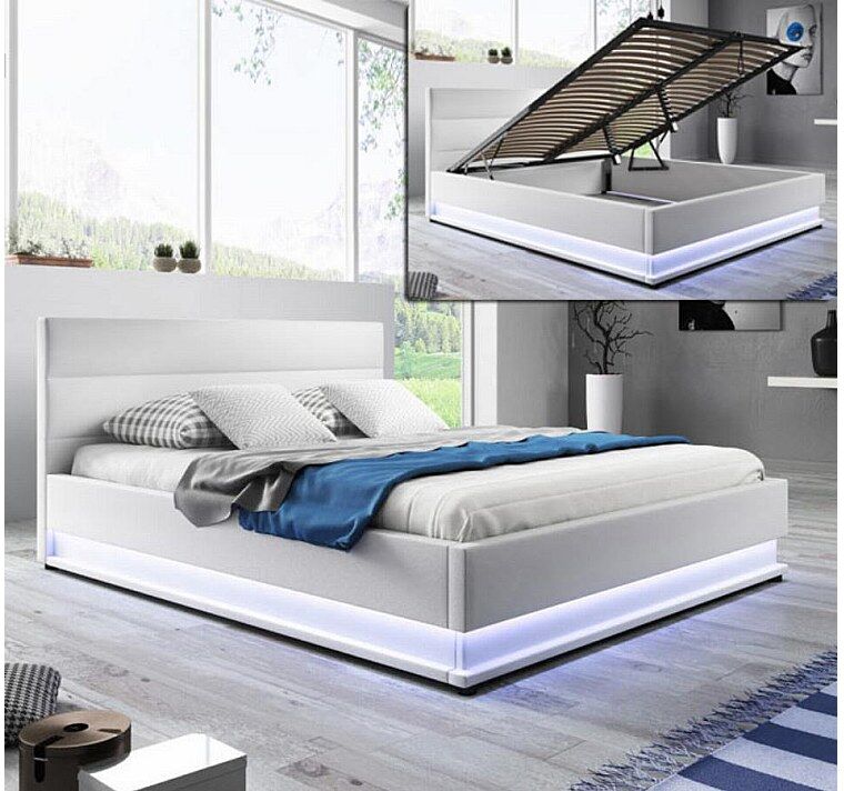 MB Muebles Bonitos Cama de matrimonio con canapé 150x190cm en Blanco con LED Nitas
