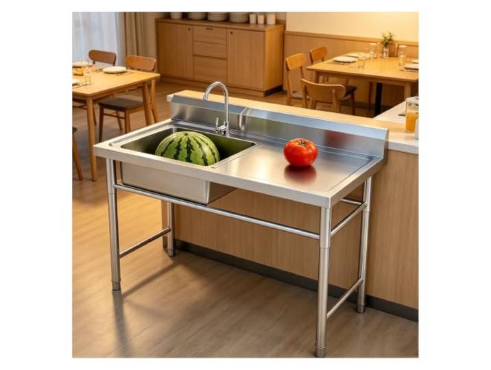 Edelstahl Spülbecken mit Gestell, L70–120cm Küchenspüle mit Arbeitsplatte Rückseitiger Spritzschutzwand und Verstellbaren Standfüßen, Balkon-Spülbecken mit Einem Becken(120x60x80cm-Left sink)