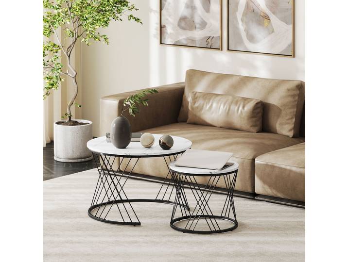 HOMCOM 2 Tables Basses Rondes Effet Marbre Métal Blanc