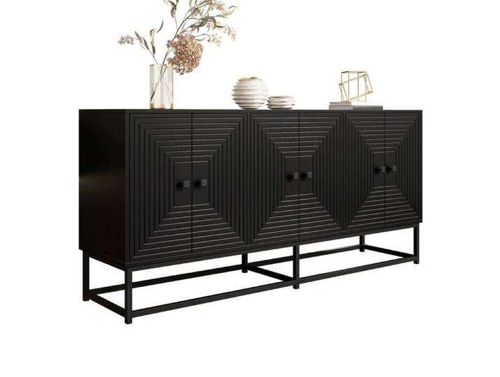 ELVORIN buffet bas 6 portes 160 x 38 x 75 5 cm noir mat relief décoratif panneaux de particules