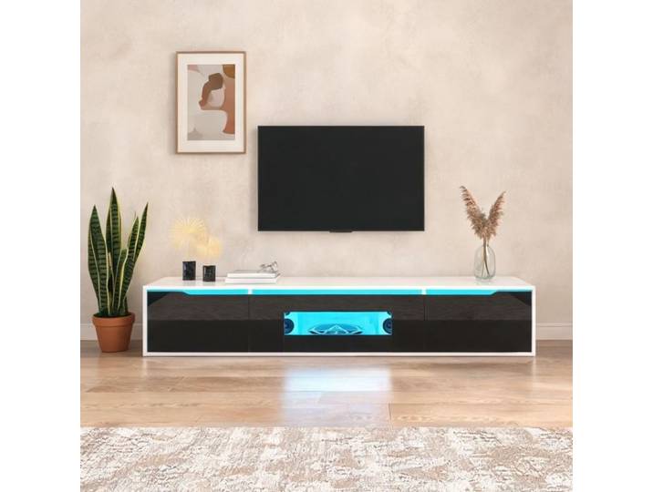 Meuble TV vitrine design contemporain en panneaux de particules blanc laqué brillant avec éclairage LED multicolore L 180 cm
