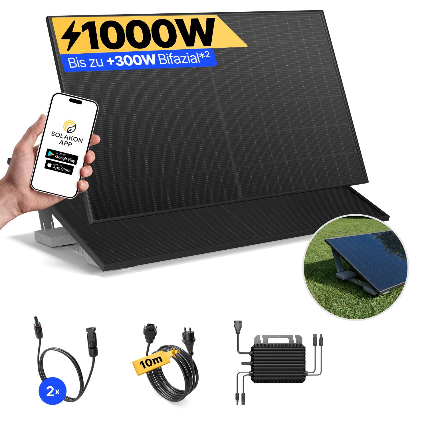 Balkonkraftwerk 1000W Solaranlage mit Garten Halterung Steckerfertig Komplettset Photovoltaik Anlage 800W, Kabellänge: 10m, Solakon - onBasic