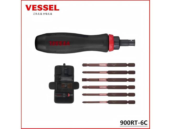 VESSEL 900RT-6C (JIS) : tête à douille à cliquet 1/4 , tournevis interchangeable + jeu de têtes 6 pièces (outil japonais)