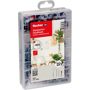Fischer Schrauben-Dübel-Set 548857, EasyDIY Box Gipskarton, Gipskartondübel, Schrauben und Haken, 77-teilig