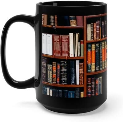 Multisell Products Hub Retro Book Pattern Mug, Literary Black Ceramic Coffee Cup, Vintage Bookshelf Theme, Book Lover Gift Mug h