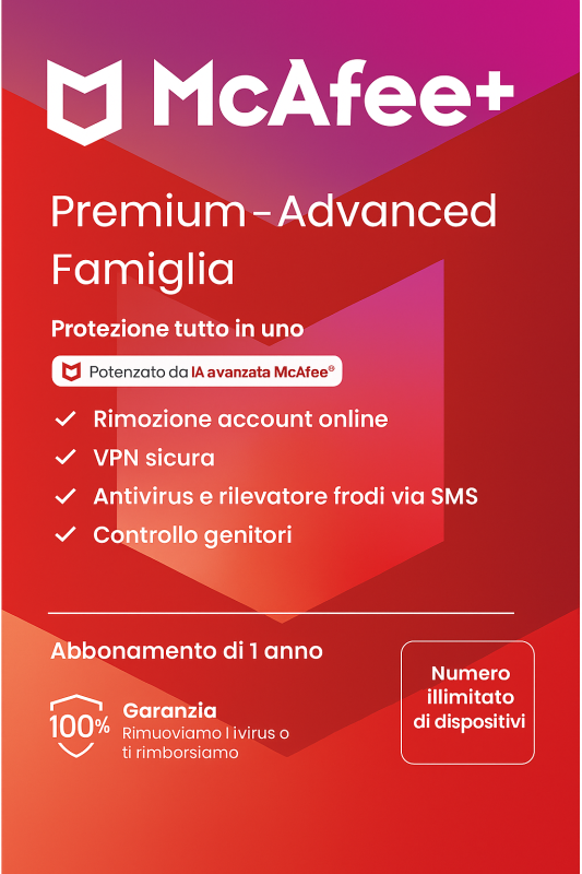 McAfee + Family Premium Family 6 Utenti Dispositivi Illimitati 1 Anno Windows / MacOS / Android / iOS