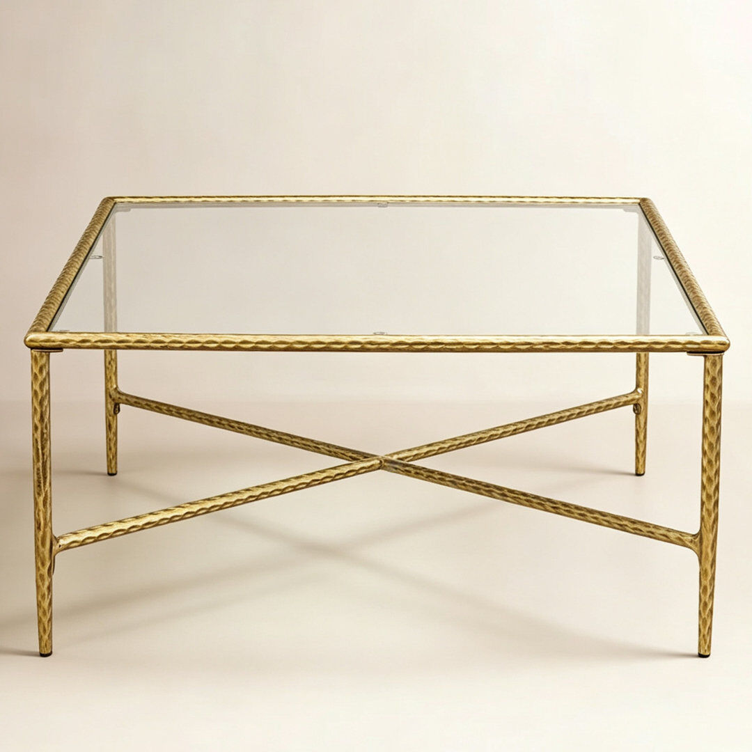 Canora Grey 100cm Square Glass Coffee Table with Gold Metal Frame Clear