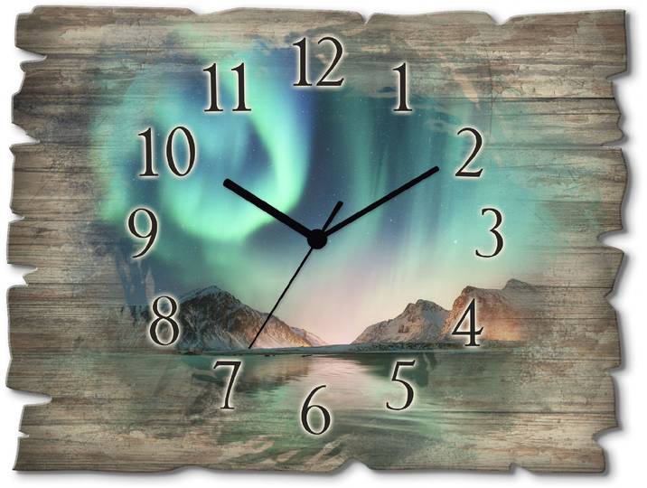 Wanduhr ARTLAND Auroraborialis - Nördliches Polarlicht , blau, B:40cm H:30cm T:0,6cm, Wanduhren, Wanduhr, wahlweise mit Quarz- oder Funkuhrwerk, lautlos ohne Tickgeräusche