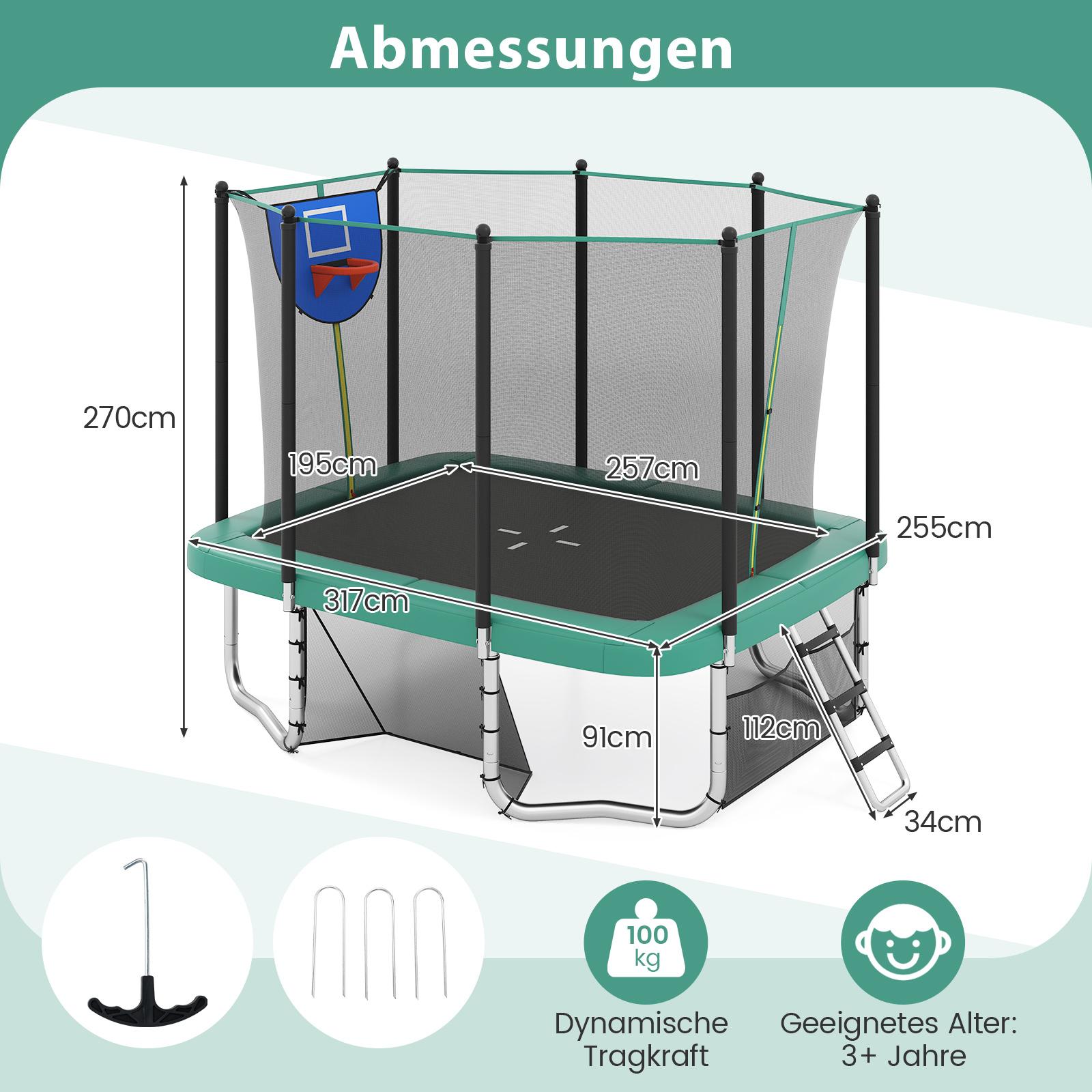 COSTWAY Trampolin rechteckig, 3 in 1 Kindertrampolin mit Leiter, Basketballkorb, Fußballtor, Sicherheitsnetz & Metallrahmen, Gartentrampolin, Grün