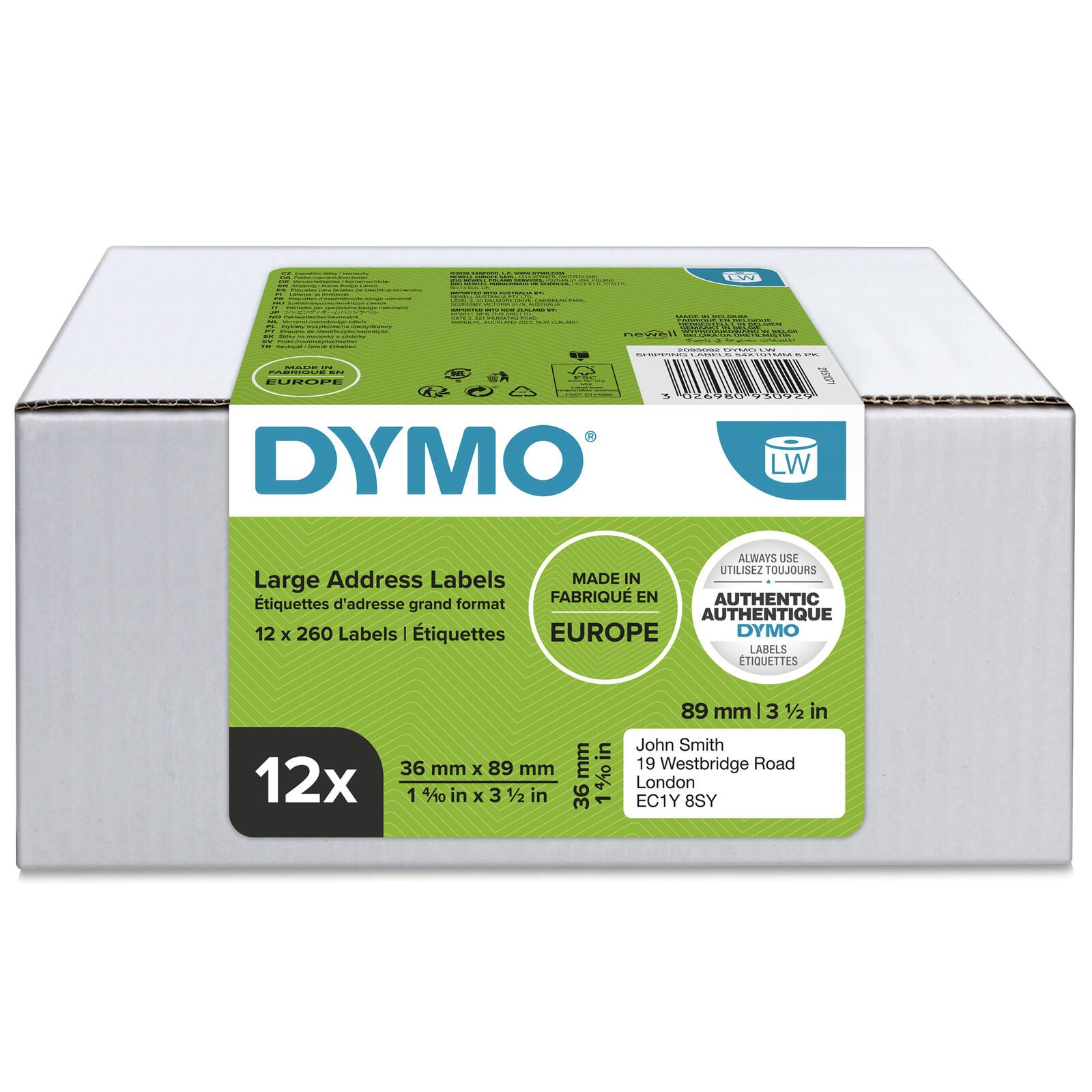 DYMO® Original Etikett für LabelWriter™, Vorteilspack, Adressen - weiss - permanent haftend, 12 x 260 Etiketten 2093093