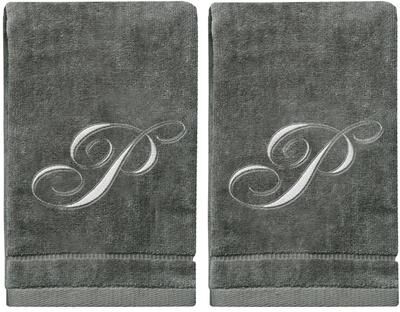 Creative Labs Soft Velour Silver Monogrammed Towels Fingertip - Set of 2