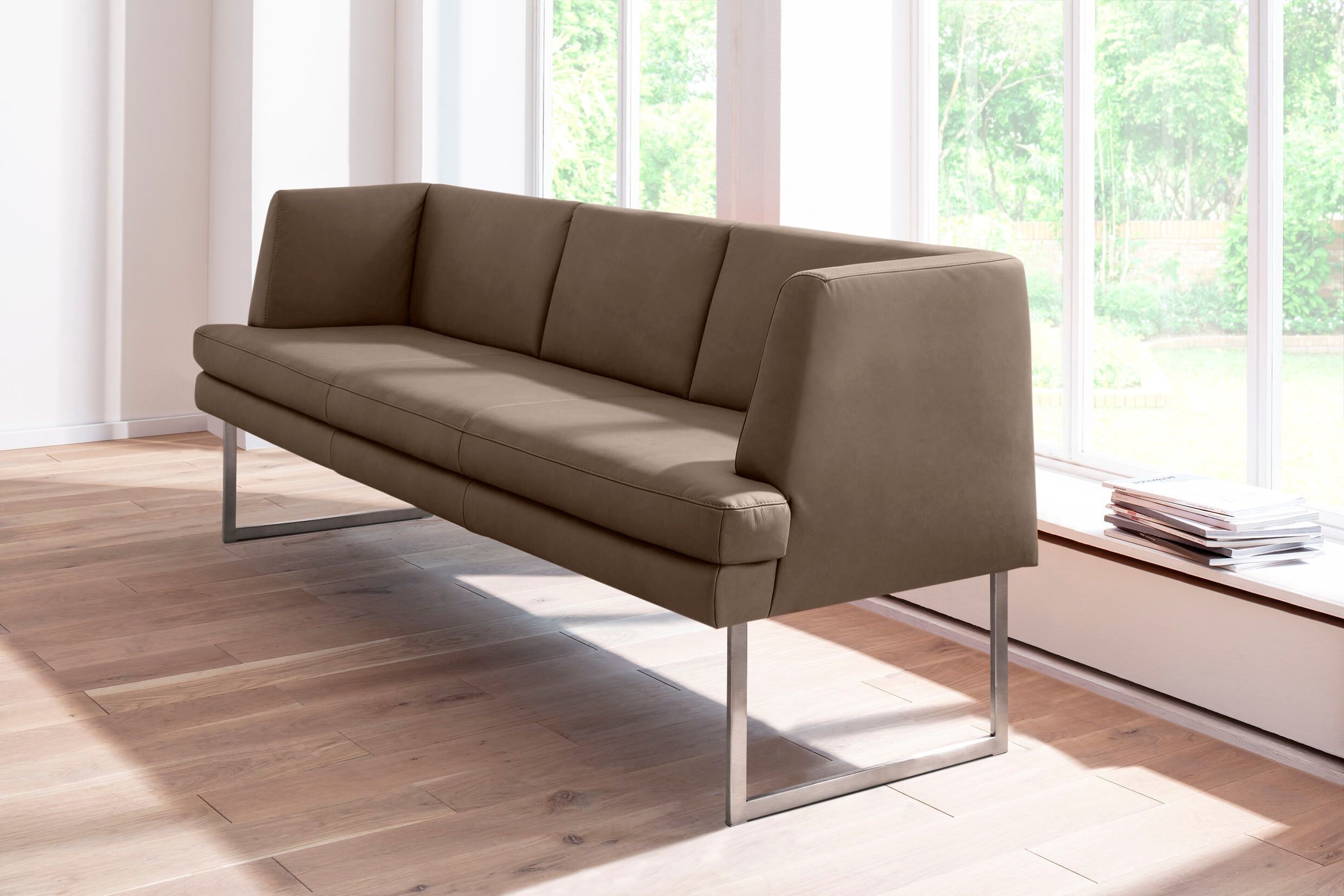 Polsterbank K+W KOMFORT & WOHNEN "Cube", braun (wüste 76), B:209cm H:82cm T:67cm, Sitzbänke, Polsterbank, Hammerkissenoptik, 2 Breiten, Hochkantkufe in Edelstahloptik wüste 76 B/H/T: 209cm x 82cm x 67cm, Leder CLOUD