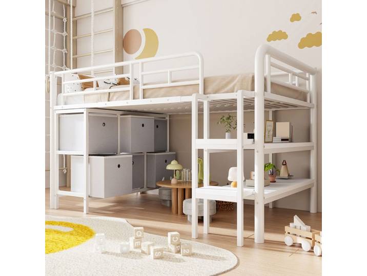 Lit enfant 90x200cm - Avec escalier et étagères - Compartiments de rangement - Blanc