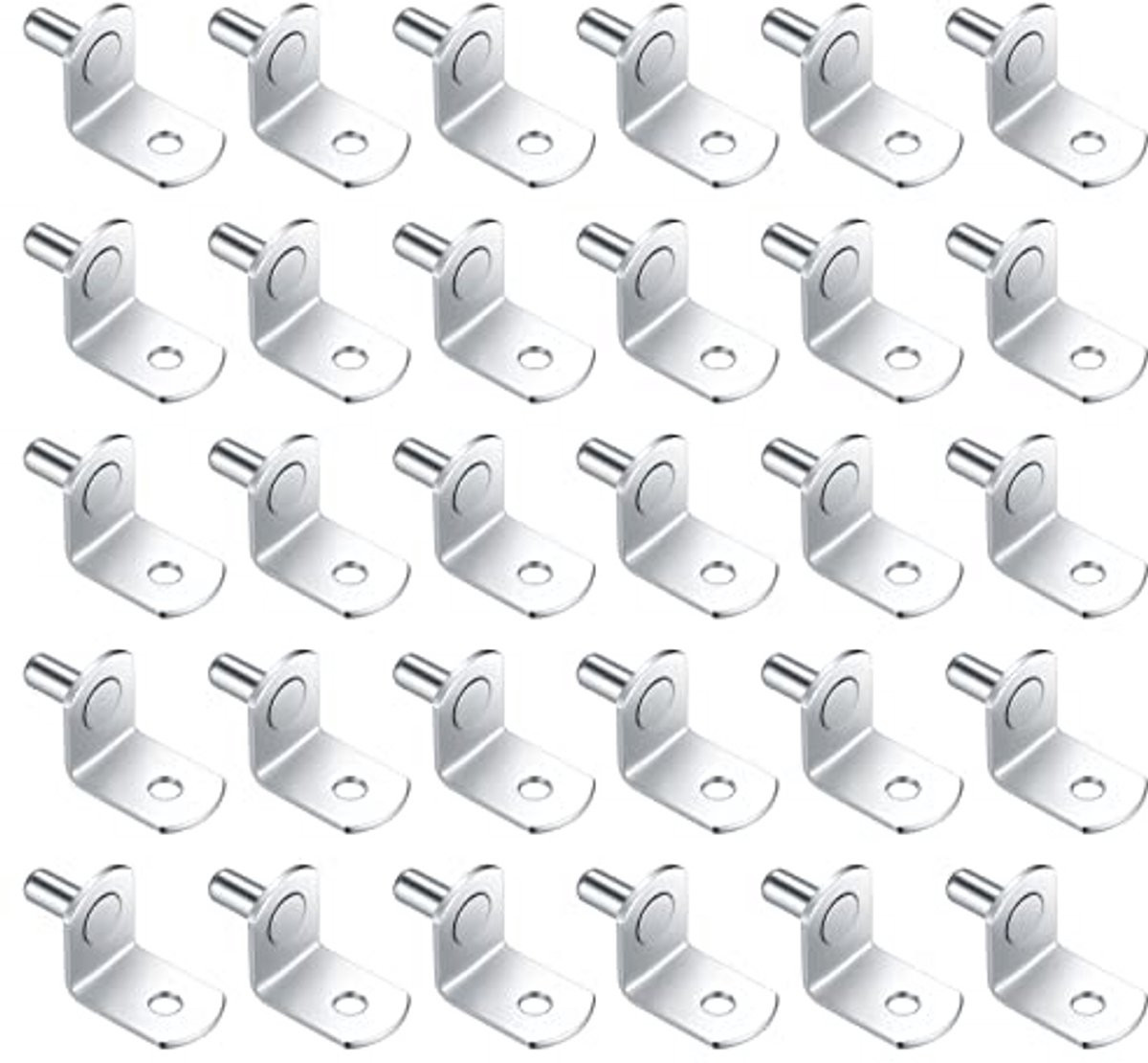 30 stuks L-vormige metalen plankdragers met 5 mm vernikkelde stiften