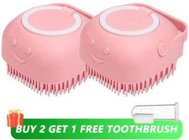 Inspire Curations Silicone Dog Bathing Brush With Shampoo Dispenser Soft Pet Massage Grooming Tool 2x Pink