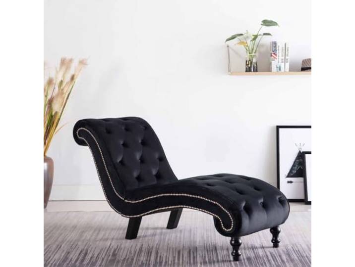 Chaiselongue Schwarz Samt mit Knopfpolsterung, Ergonomisches Design, 110kg Dicke Polsterung, weicher Samt, elegantes Schnörkel-Design, Wohnzimmer, Belastbarkeit 110kg