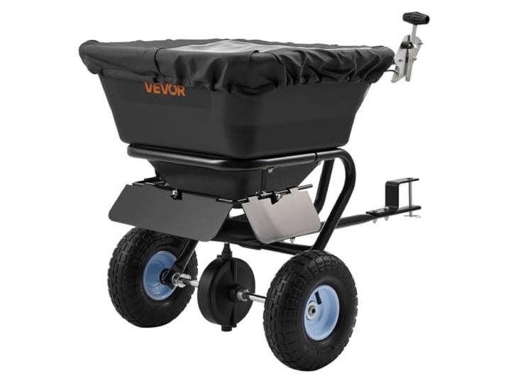 VEVOR Épandeur Engrais Tracté Capacité 38\,6 kg Épandeur à Semence à Remorquer Largeur Épandage 0-3 m Semoir à Pousser pour Graines\, Sel Déneigement\, Semer Jardinage\, Pelouse\, Gazon\, avec Roues 25\,4 cm