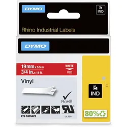 DYMO Rhino-Industrie-Vinyletiketten | 19 mm x 5,5 m | weiß auf rot | selbstklebendes Schriftband | für Rhino und LabelManager Beschriftungsgerät