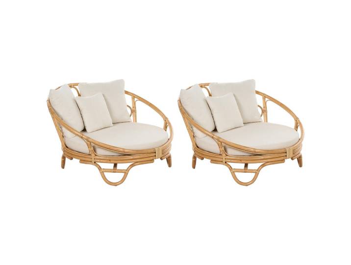 Sonneninsel 2er-Set Rattan natürlich Auflagen beige Rossano, Beige, Naturfarben, Naturmaterialen, 112x71x110 cm, Gartenmöbel, Loungemöbel, Sonneninseln