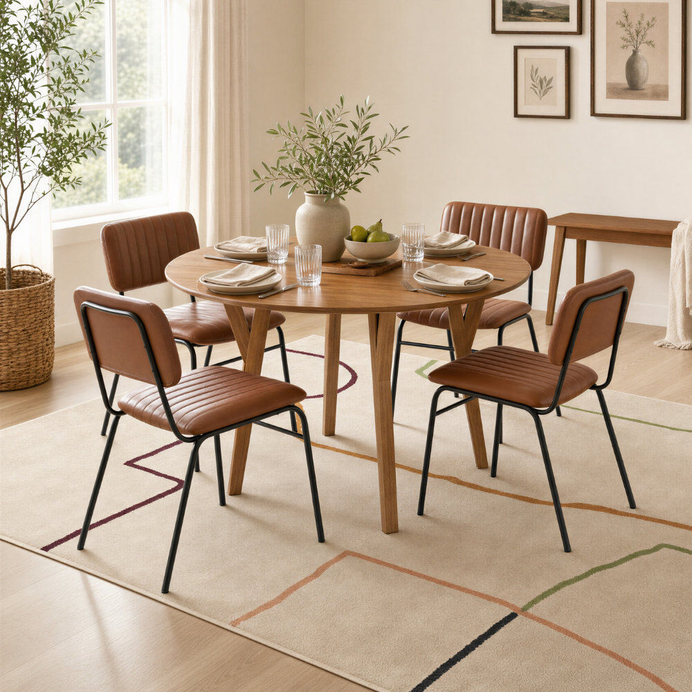 Canora Grey Drea Round Soild Wood Dining Table With 4 Tan Dorsey Chairs - Farmhouse Style Brown