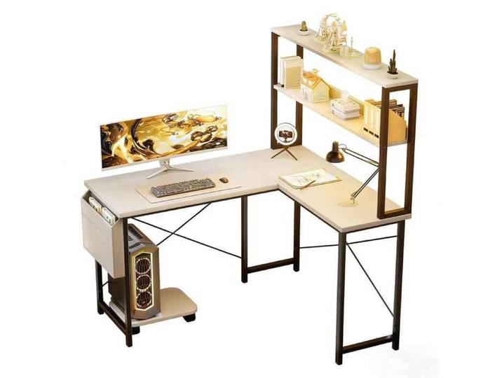 Bureau Gaming en L 110x80x148cm Blanc LED RGB 60000 Couleurs APP & Musique Réversible 2 Étagères